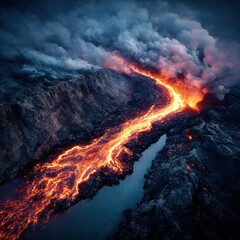 Volcanic lava flow at night