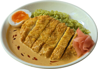 “Crispy Katsu with Creamy Sauce and Herb-Infused Green Noodles”