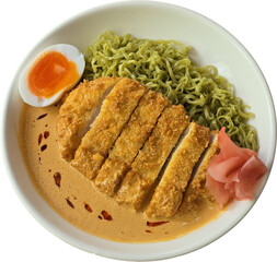“Crispy Katsu with Creamy Sauce and Herb-Infused Green Noodles”