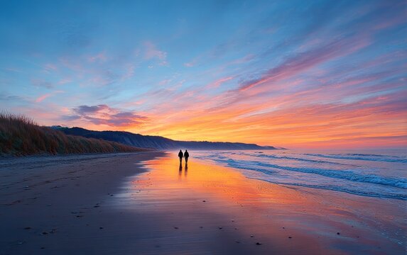 Two figures walk on a beach at sunset