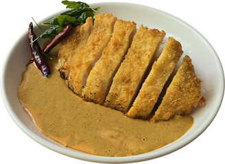 “Crispy Breaded Pork Cutlet with Creamy Curry Sauce and Dried Red Chili Garnish”