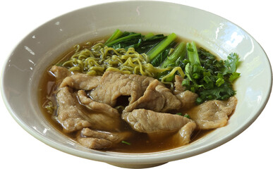“Hearty Pork Noodle Soup with Leafy Greens in Clear Broth”