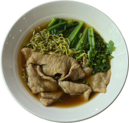 “Hearty Pork Noodle Soup with Leafy Greens in Clear Broth”