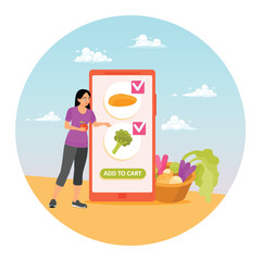 Woman Buys Fresh Organic Vegetables Online Using Smartphone, Adds Them to Shopping Cart.