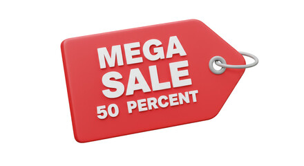 Red Mega Sale Tag With 50 Percent Discount in 3d Rendering Isolated