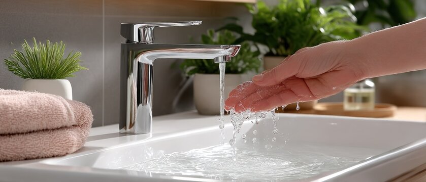 Water flowing from a faucet into a sink