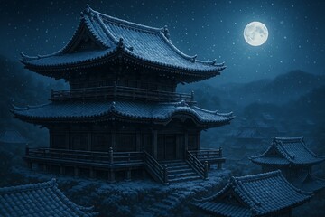 Peaceful traditional Japanese temple covered in snow under a glowing full moon, surrounded by dark mountains. Ideal for winter, travel, architecture, and cultural spiritual backgrounds.