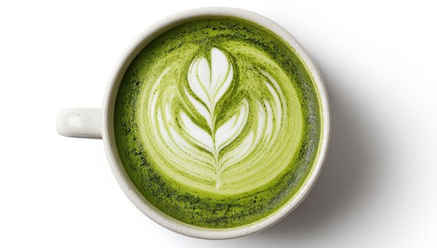 Overhead view of a cup of vibrant green matcha latte, featuring elegant latte art in the form of a leaf design. The white cup and bright background provide a clean, appealing contrast