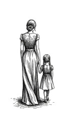 Silhouette Illustration Mother Daughter in Dresses Hand in Hand
