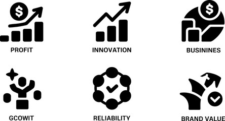 Business growth strategy icons set profit innovation reliability brand value and teamwork success concept editable stock vector illustration
