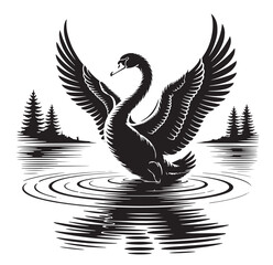 Fototapeta premium Elegant black swan with spread wings on lake at sunset – stylized vector art