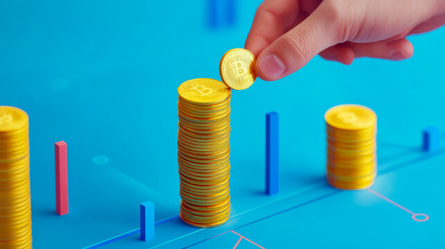 realistic columns of gold coins and a man's hand on top placing a gold coin on one of the columns on a uniform blue background with financial charts 