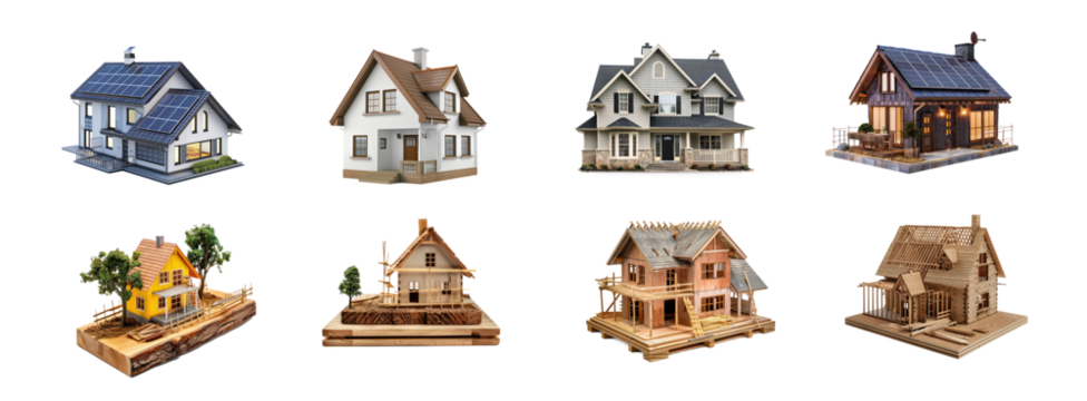 A collection of miniature model houses with solar panels on their roofs.