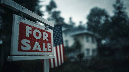 Rainy day house for sale suburban neighborhood real estate sign overcast environment close-up view