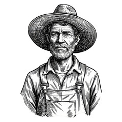 Vintage Farmer Portrait Illustration with Straw Hat and Overalls Design