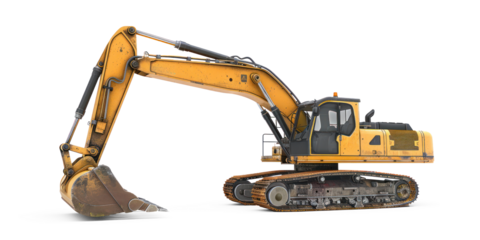 A large yellow excavator with a long arm and bucket, parked on a white surface.