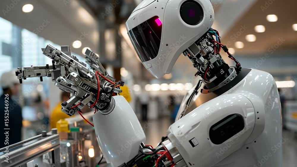 Poster Detailed Robotic Assembly Process in a Modern Industrial Factory Environment