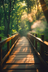 Enchanted Forest Path with Wooden Bridge and Golden Sunlight
