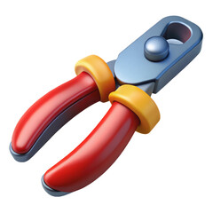 A stylized 3d illustration of a pair of red and blue pliers with yellow accents isolated on transparent background