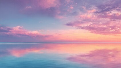 Serene sunset over calm water, pastel hues reflected perfectly, creating a tranquil and dreamy atmosphere