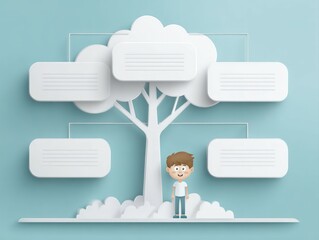 Creative brainstorming session in a modern office visualizing ideas with a paper tree light blue background
