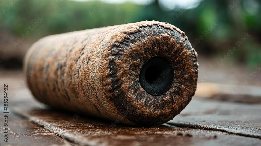 Poster Cylindrical Object Covered In Sand And Dirt Resting On A Weathered Wooden Surface with Soft Focus Background