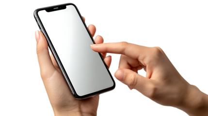 Close up of a person s hands holding and interacting with a modern smartphone with a blank white screen isolated on transparent background