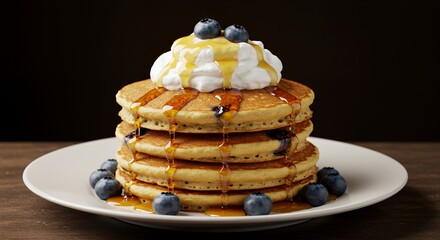Indulge in a Stack of Fluffy Blueberry Pancakes Drizzled with Honey and Whipped Cream