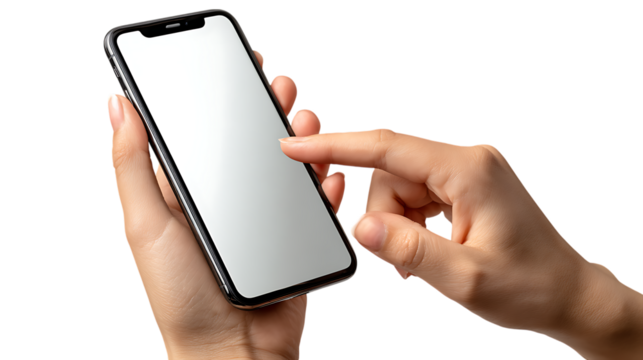 Close up of a person s hands holding and interacting with a modern smartphone with a blank white screen isolated on transparent background