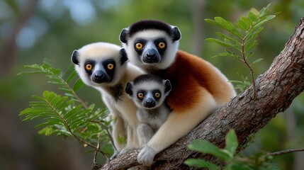 Three lemur family on a branch
