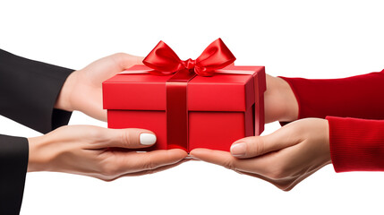Hands in black and red sleeves presenting a red gift box tied with a matching ribbon on transparent background