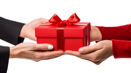 Hands in black and red sleeves presenting a red gift box tied with a matching ribbon on transparent background