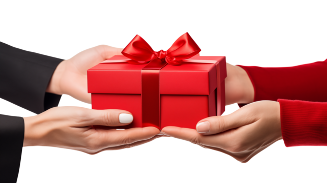 Hands in black and red sleeves presenting a red gift box tied with a matching ribbon on transparent background - Powered by Adobe