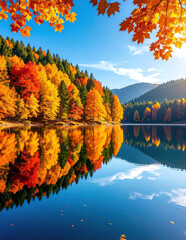 Autumn forest lake with brilliant foliage and clear reflection in calm blue water