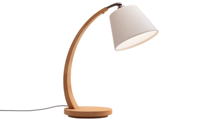 A modern wooden desk lamp with a curved arm and a white lampshade isolated on a transparent background