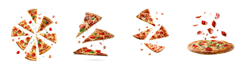 Four slices of pizza with various toppings flying in the air against a transparent background
