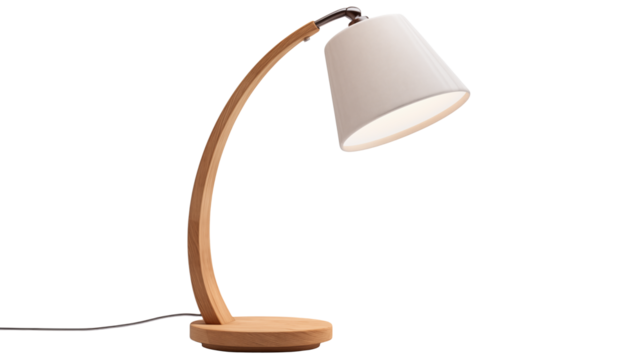 A modern wooden desk lamp with a curved arm and a white lampshade isolated on a transparent background