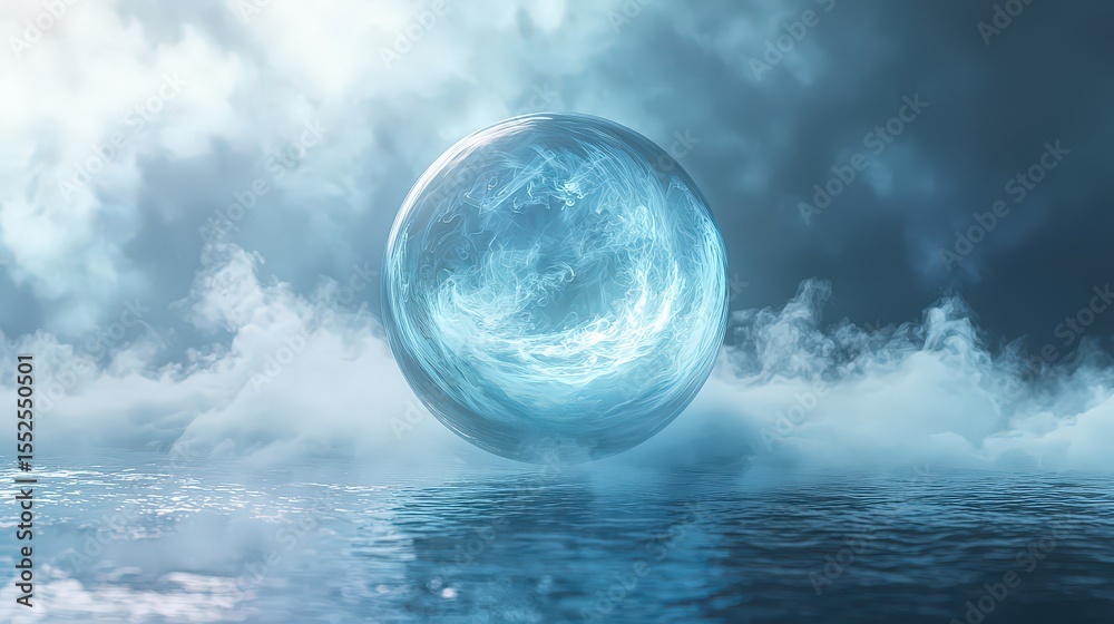 Aufkleber Floating translucent sphere pulsating with energy over water dreamy atmosphere digital art mystical environment
