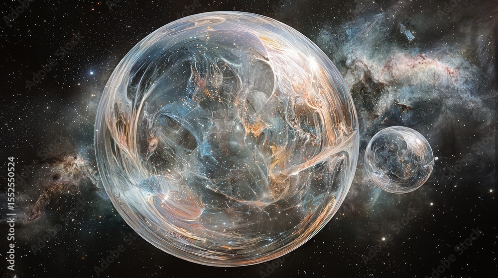 Poster Expanding transparent bubble in infinite space cosmic scene digital art galactic environment abstract viewpoint