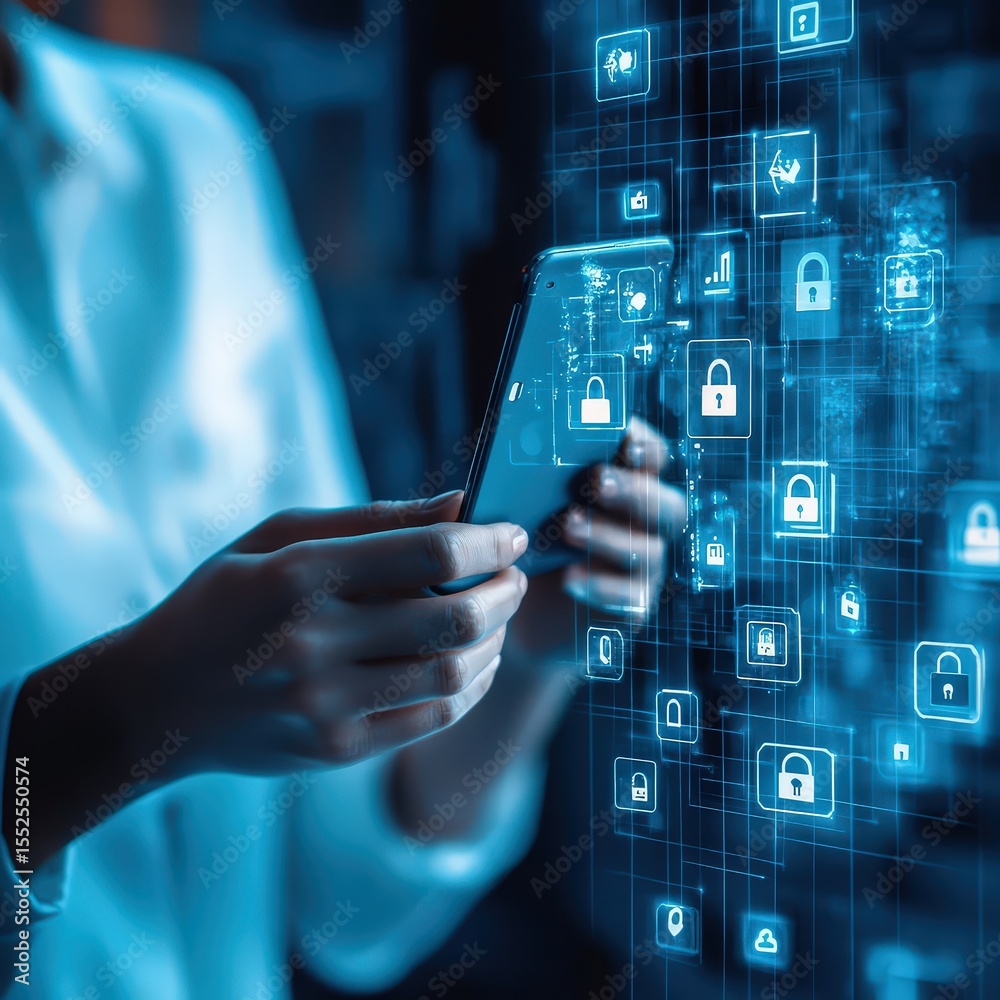 Poster User enabling safety settings and monitoring tools on mobile device digital space conceptual graphic futuristic view