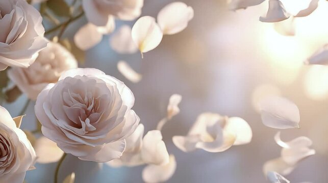 Falling Rose Petals in Dreamy Nature Scenery, Flowers Flying in Sunset Light, Love and Romantic Wedding Background Video, MP4