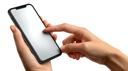 Close up of a person s hands holding and interacting with a modern smartphone with a blank screen isolated on transparent background
