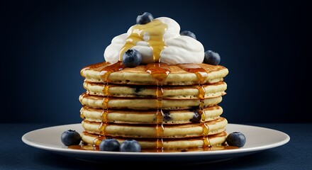 Indulge in a Stack of Fluffy Blueberry Pancakes, Drizzled with Golden Syrup and Topped with Creamy Whipped Cream.