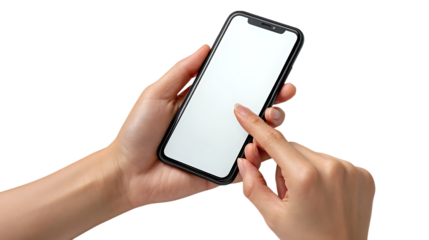 Close up of female hands holding and interacting with a modern smartphone with a blank white screen isolated on transparent background
