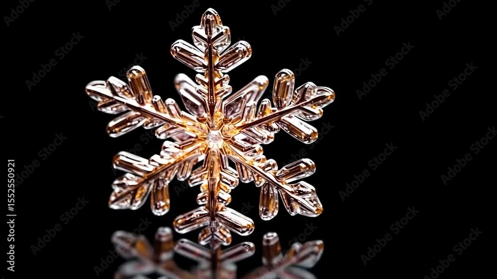Poster Intricate Golden Snowflake Isolated Against a Black Background with Reflections