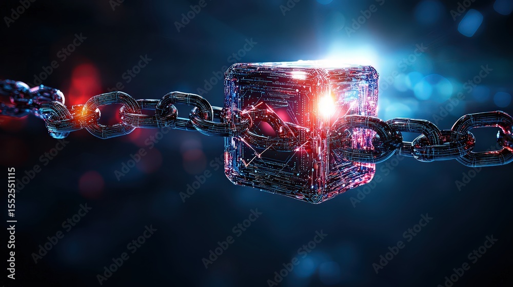 Aufkleber Futuristic digital chains connecting abstract concepts virtual realm 3d render dark environment close-up technology