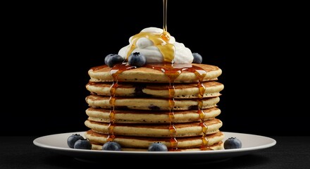 Golden Syrup Drizzles Down a Stack of Fluffy Blueberry Pancakes Topped with Whipped Cream