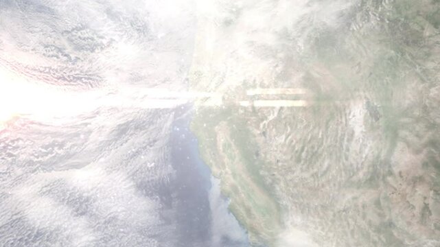 Earth zoom in from space and focus on Redding, California, USA. Background for travel intro or blog. Satellite view. 3D style Animation. Images from NASA.