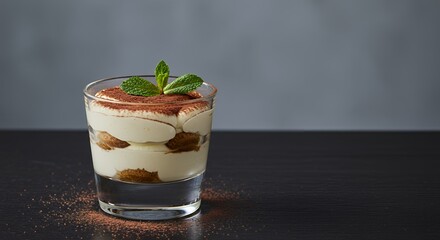 Indulge in this elegant glass of tiramisu, delicately layered and topped with fresh mint.