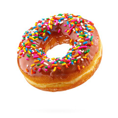 A chocolate-covered donut with colorful sprinkles on a transparent background